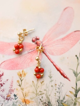Para złotych kolczyków z czerwonym koralem na tle ilustracji ważki, fotografia produktowa