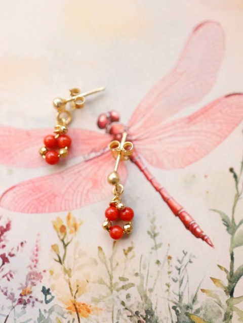 Para złotych kolczyków z czerwonym koralem na tle ilustracji ważki, fotografia produktowa